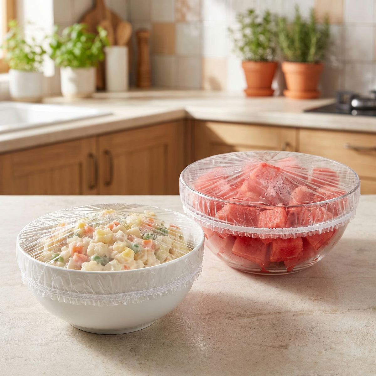 Tapalo™: ensaladilla y sandía tapadas con tapas elásticas transparentes